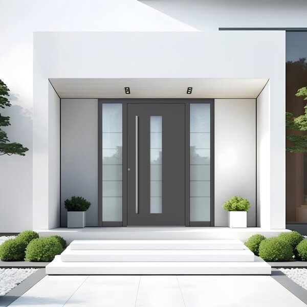 Graue Aluminium Haustür mit Verglasung und Seitenteil